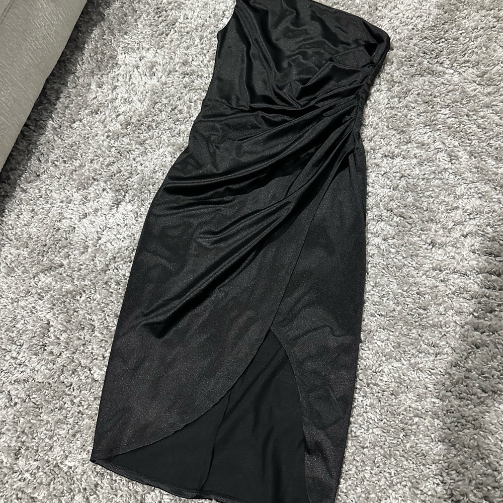 Strapless One Shoulder Black Ruched Wrap Midi Dress